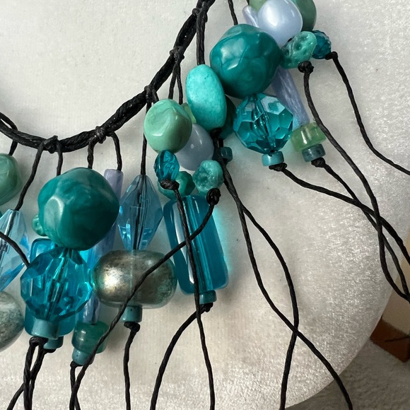 Vintage Teresa Goodall Black fringe Turquoise Blue Necklace 💙 - Picture 2 of 7